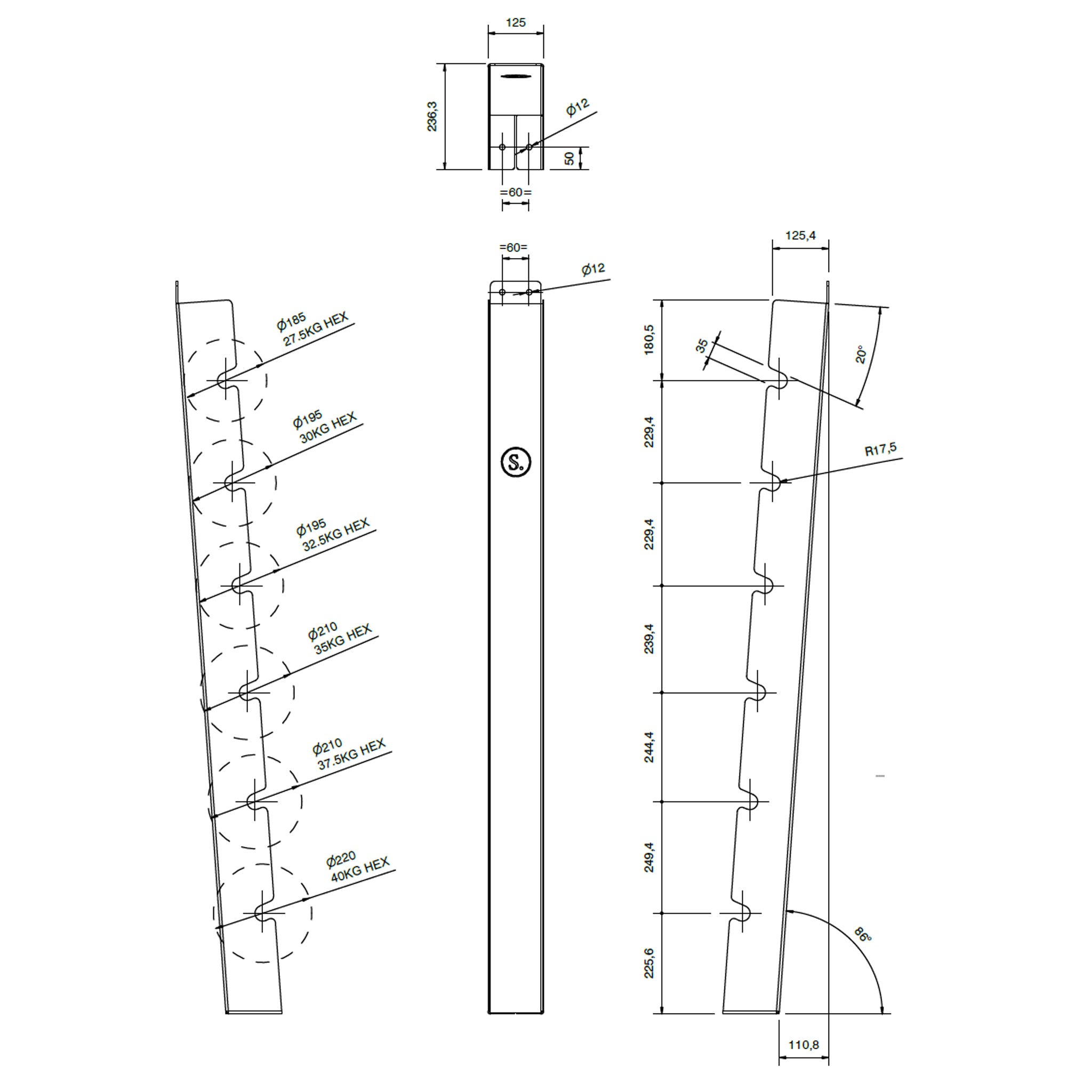 Wall Mounted Angled Dumbbell Storage Rack (XL up to 40kg)