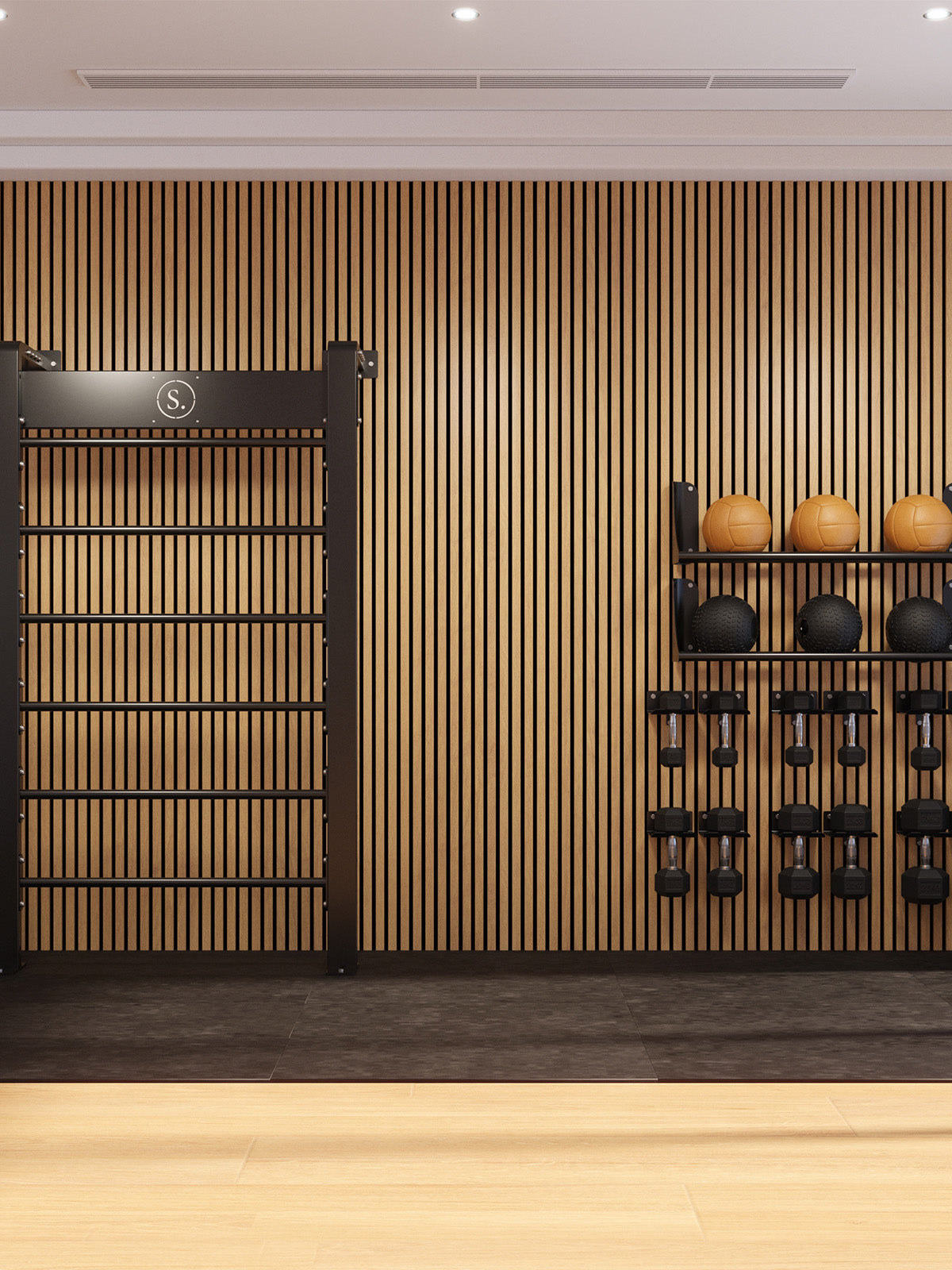 dumbbell and wall ball storage against a wooden slat wall