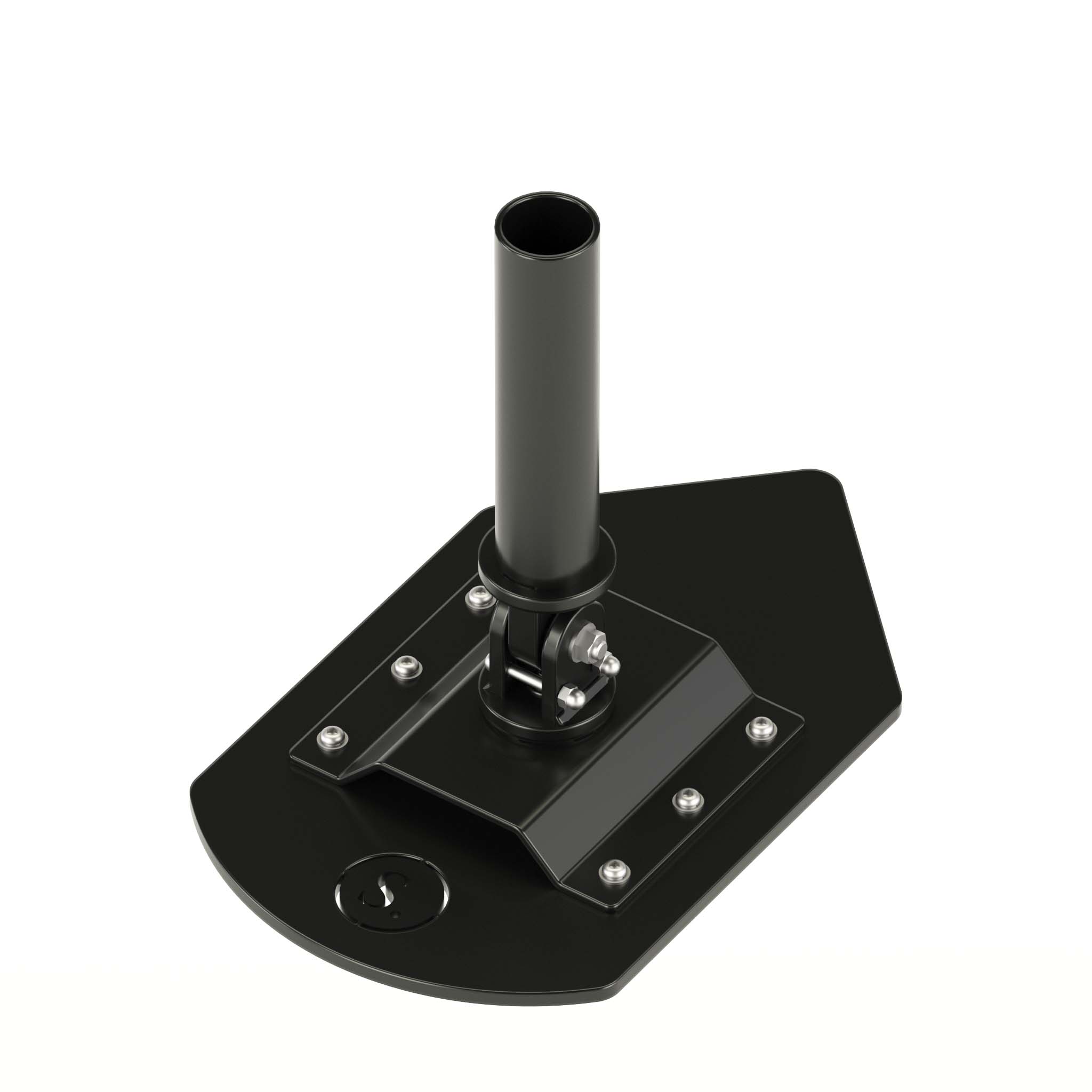 black core plate station with silver bolts and barbell slot