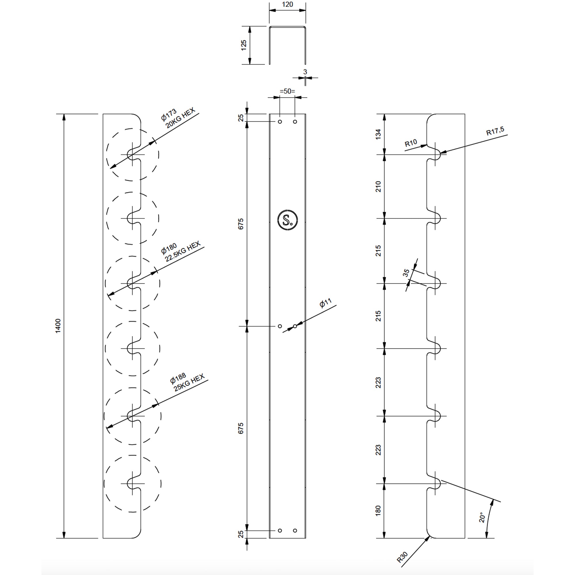 Wall Mounted Dumbbell Storage Rack (Larger Heads x 6)