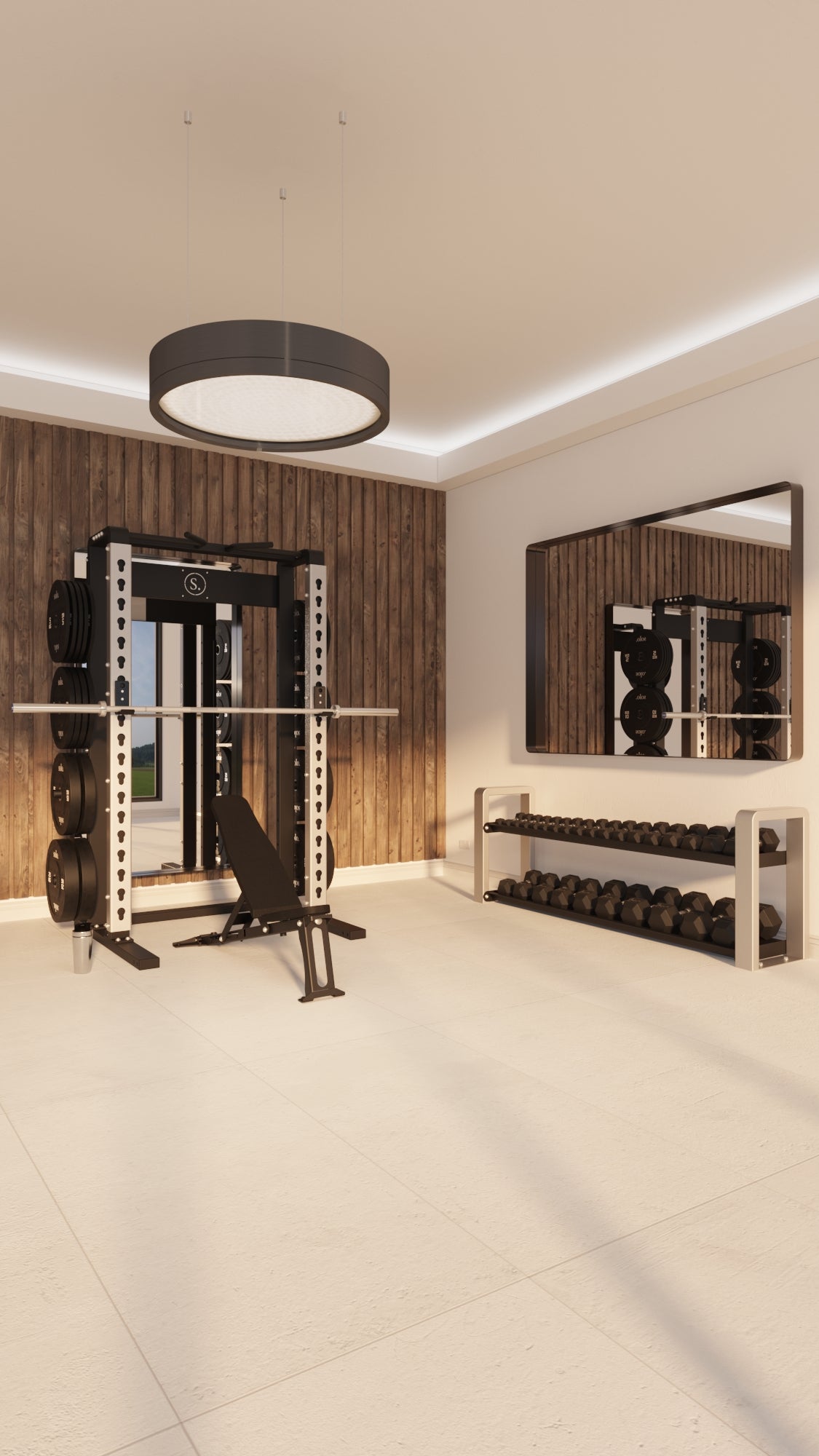 gym with squat rack dumbbell storage and mirrors