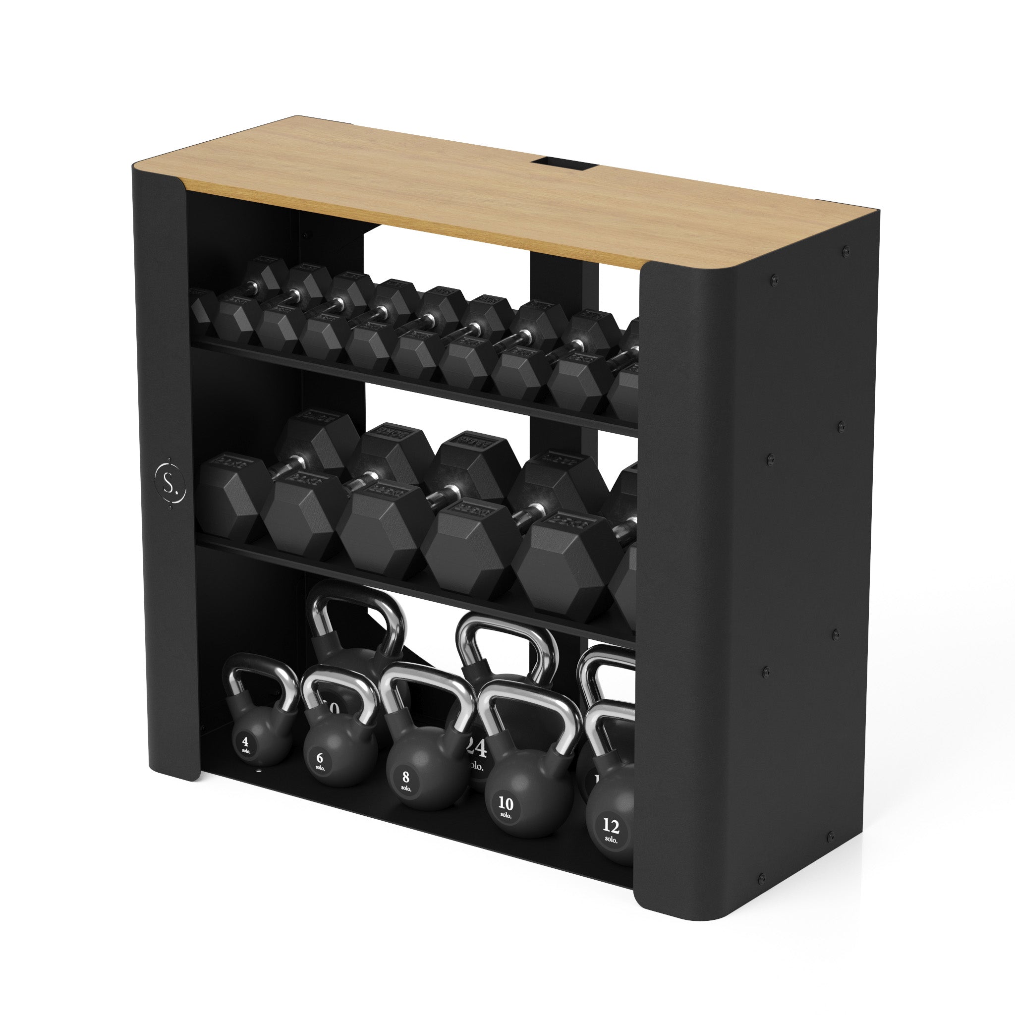 black steel storage with gym equipment