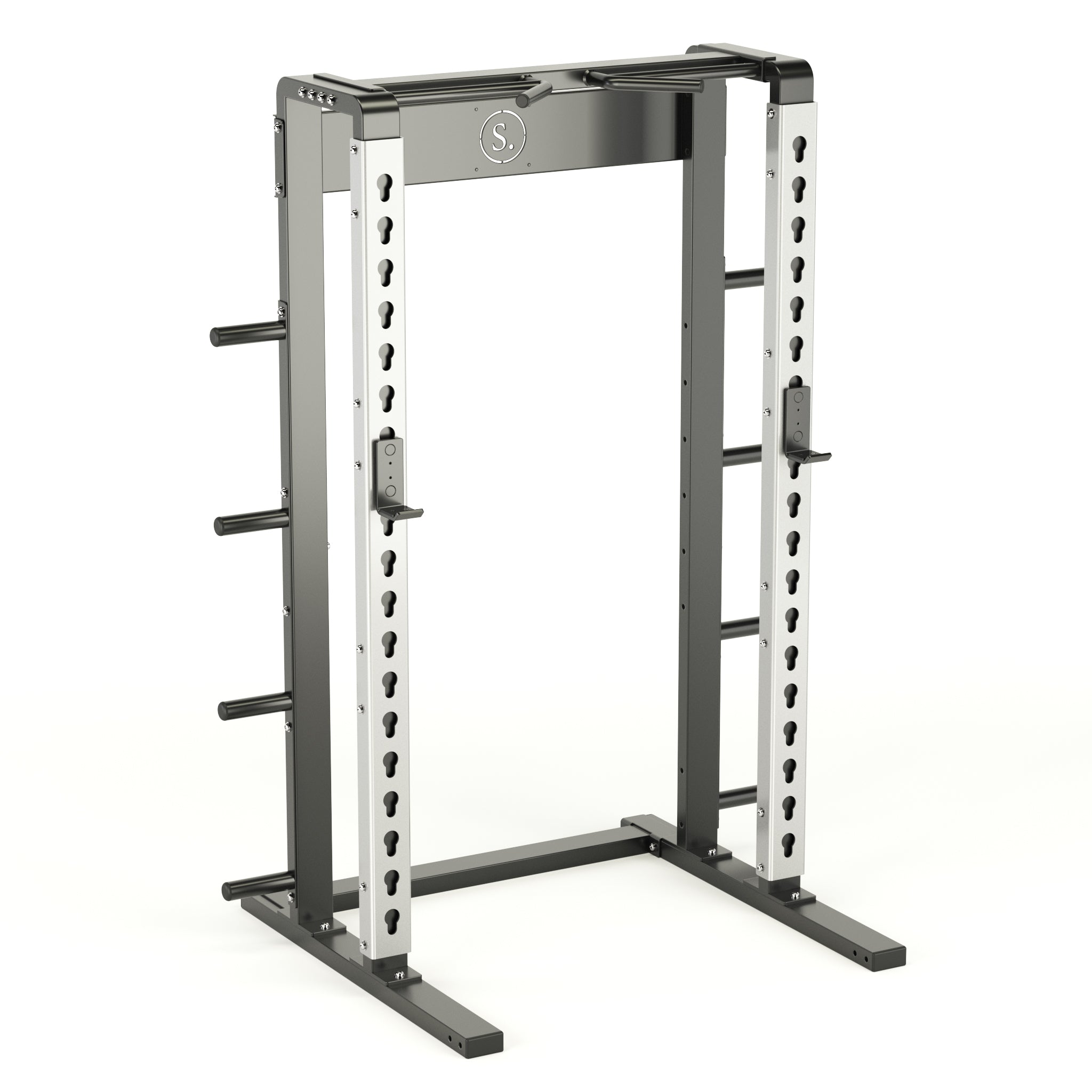 Solo Squat Rack in silver with multi-grip pull-up and weight horns