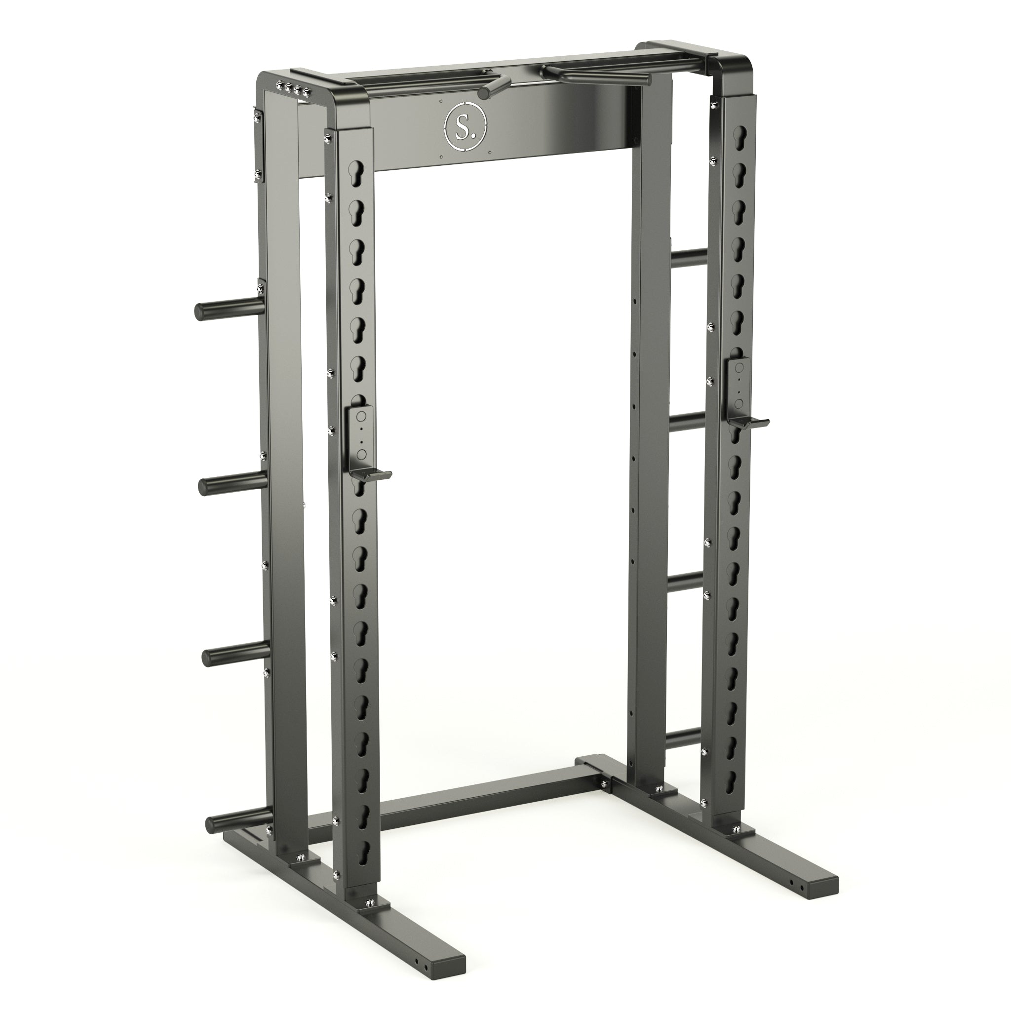 Solo Squat Rack in black with multi-grip pull-up and weight horns