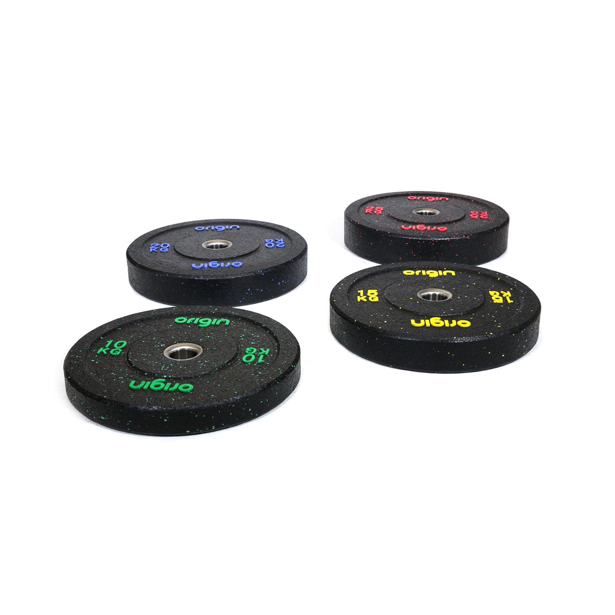 four rubber crumb bumper weight plates with coloured numbering