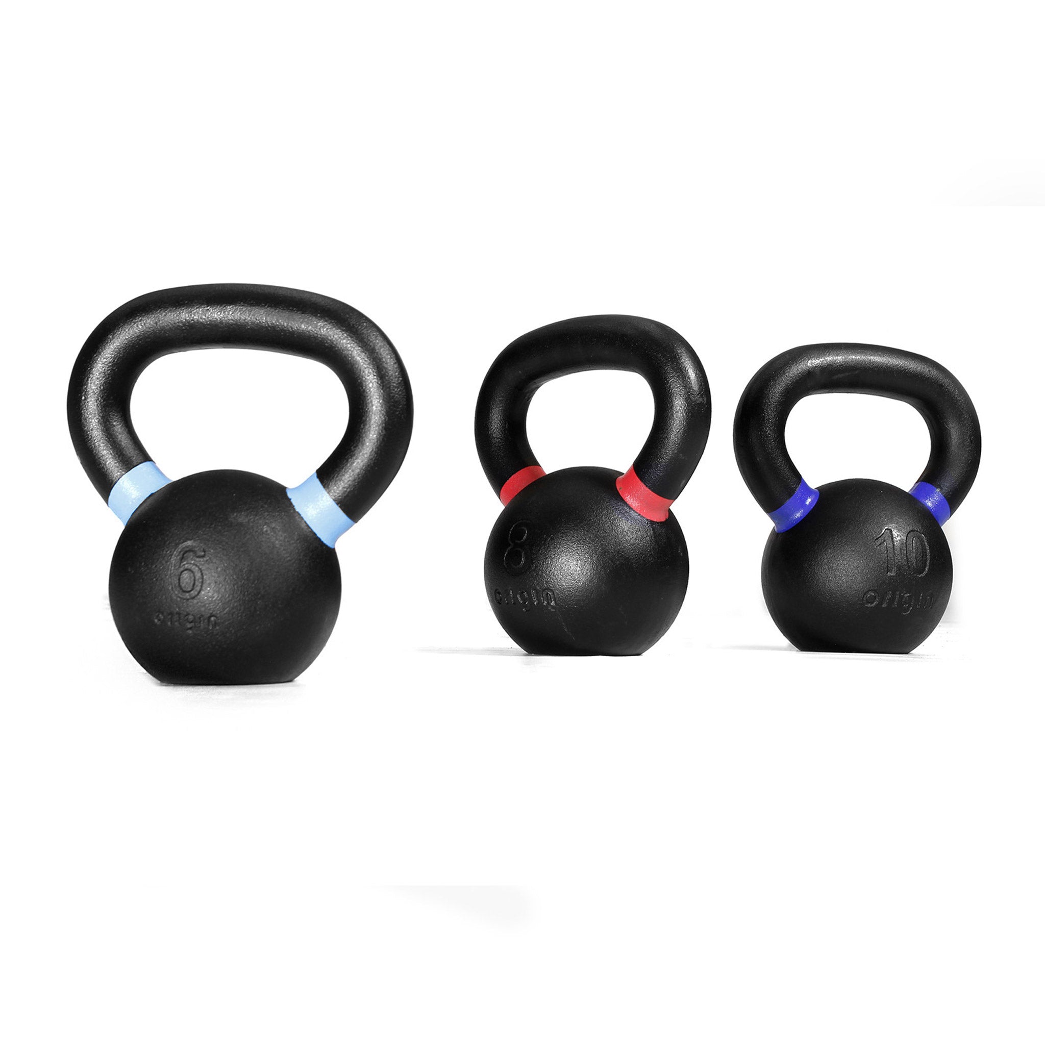 three cast iron kettlebells with different colour markings